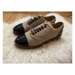 CHANEL Flat Shoes Beige Fabric Black Calf Skin